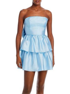 Amanda Uprichard Shimmer Ice Blue Bow Back Tiered Strapless Mini Dress Size M